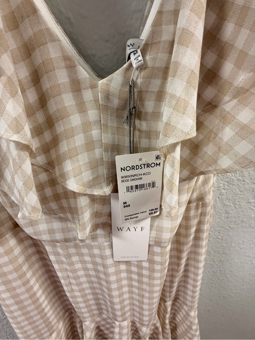 Wayf Beige Gingham Ruffle Midi Dress - Picture 3 of 7
